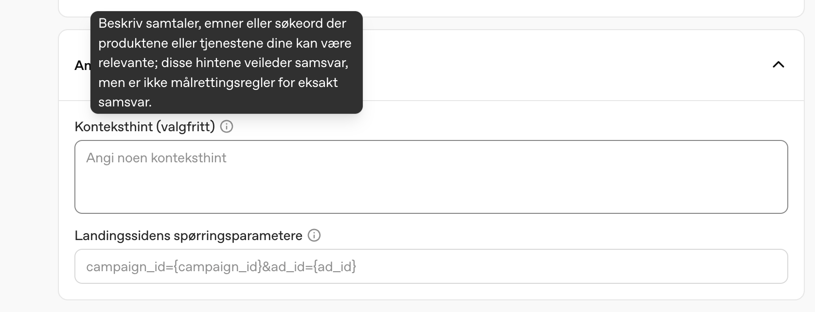 Screenshot av konteksthint i Open AI Manager for annonsering i ChatGPT